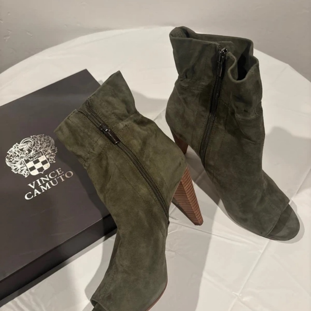 Vince Camuto Olive Suede Peep-Toe Ankle Booties